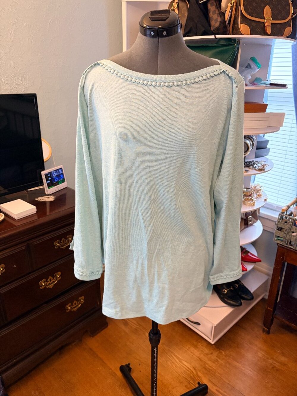Rafaella Women 2X Light Blue Pom Trim Bateau Neck Top NWT Cotton Blend Plus